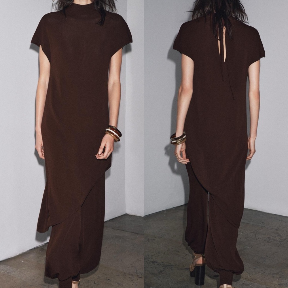 Zara Midi tunic dress with a bow tie at neck asymmetrical hem NWT size Small